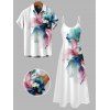 Vacation Couple Outfit Watercolor Floral Print With Gold Foil Accents Long Dress and Shirt Set - Blanc S | US 4