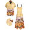 Vacation Couple Outfit Oil Painting Coconut Tree Floral Print Long Dress and Shirt Set - PALE GOOSE YELLOW S | US 4
