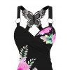 Débardeur de vacances imprimé fleurs et feuilles, dentelle, papillon froncé - Noir L | US 8-10