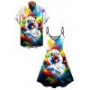 Casual Couple Outfit Colored Splash Ink Bird Print Spaghetti Strap Dress and Shirt Set - multicolor A S | US 4