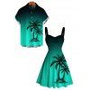 Vacation Couple Outfit for Beach Ombre Coconut Tree Print Ruched Dress and Shirt Set - Vert S | US 4
