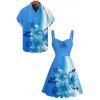 Vacation Couple Outfit Colorblock Flower Pattern Ruched Mini Dress and Shirt Set - Bleu Ciel S | US 4