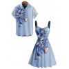 Vacation Couple Outfit Floral Butterfly Printed Ruched Dress and Shirt Set - Bleu gris S | US 4