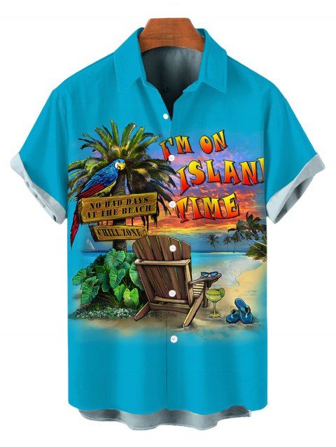 Chemise de vacances pour homme, imprimé de feuilles de cocotier et de paysage de plage, à boutons