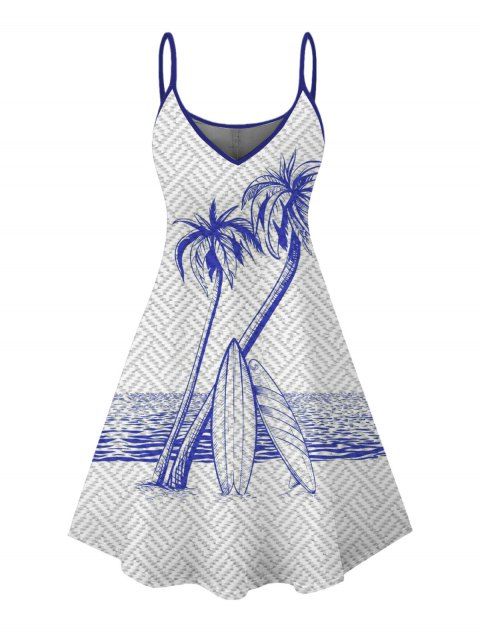 Robe de vacances à imprimé géométrique cocotier et planche de surf, bretelles spaghetti