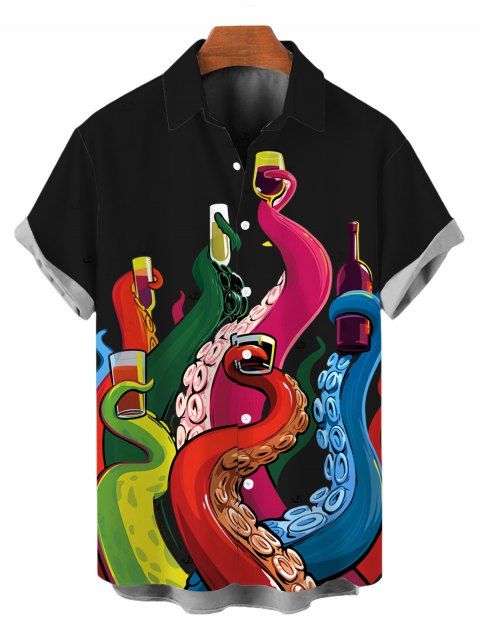 Chemise à boutons humoristique pour homme avec imprimé pieuvre et verre