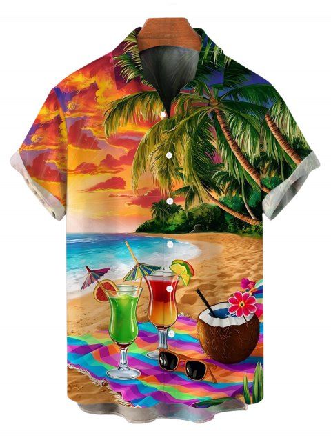 Chemise de vacances pour homme, imprimé paysage de plage, noix de coco et verre, à boutons