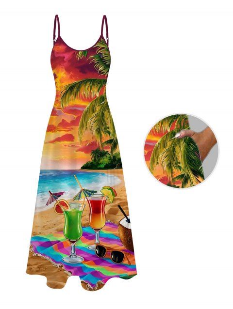 Robe de vacances longue à poches, imprimé paysage de plage, noix de coco et verre