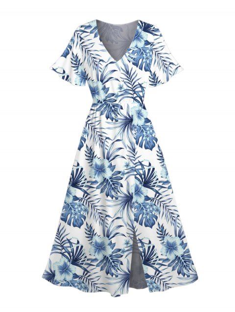 Robe de vacances imprimée de fleurs tropicales et de feuilles, col en V fendue