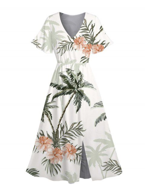 Robe de vacances imprimée de fleurs de cocotier, col en V et fente