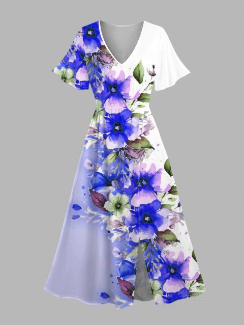 Robe de vacances à imprimé floral et feuilles colorblock, col en V et fente