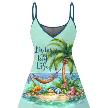 Beach Dress Coconut Tree Landscape Letter Print Spaghetti Strap Vacation Dress
