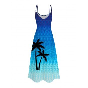 Vacation Dress Ombre Coconut Tree Zig Zag Print Pocket Long Dress