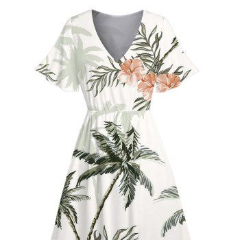 Vacation Dress Coconut Tree Floral Print V Neck Slit Dress