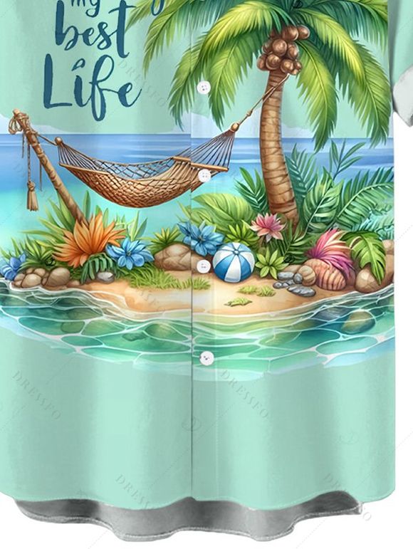 Chemise de plage pour homme, imprimé paysage de cocotiers, chemise boutonnée de vacances - Vert 5XL