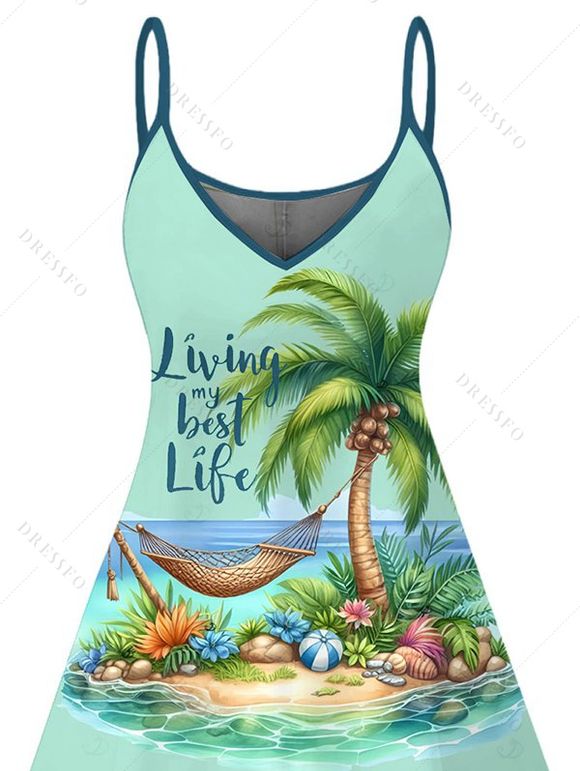 Robe de plage à imprimé paysage de cocotiers et bretelles spaghetti - Vert clair S | US 4