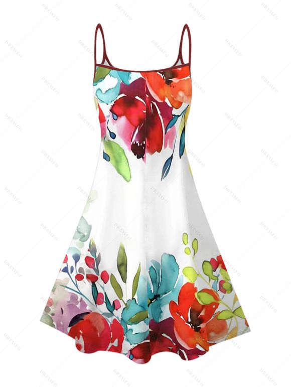 Robe de vacances à bretelles spaghetti et imprimé de fleurs colorées - Rouge S | US 4