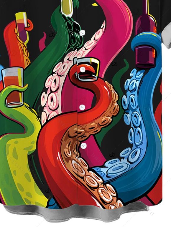 Chemise à boutons humoristique pour homme avec imprimé pieuvre et verre - Noir 5XL