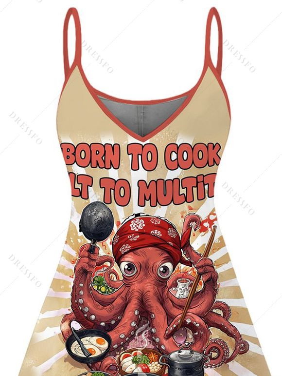 Robe de vacances à imprimé drôle de pieuvre et de chef, bretelles spaghetti - café lumière S | US 4