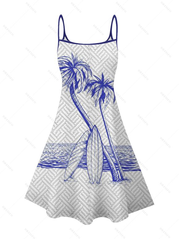Robe de vacances à imprimé géométrique cocotier et planche de surf, bretelles spaghetti - Bleu Marine XXXXXL | US 20