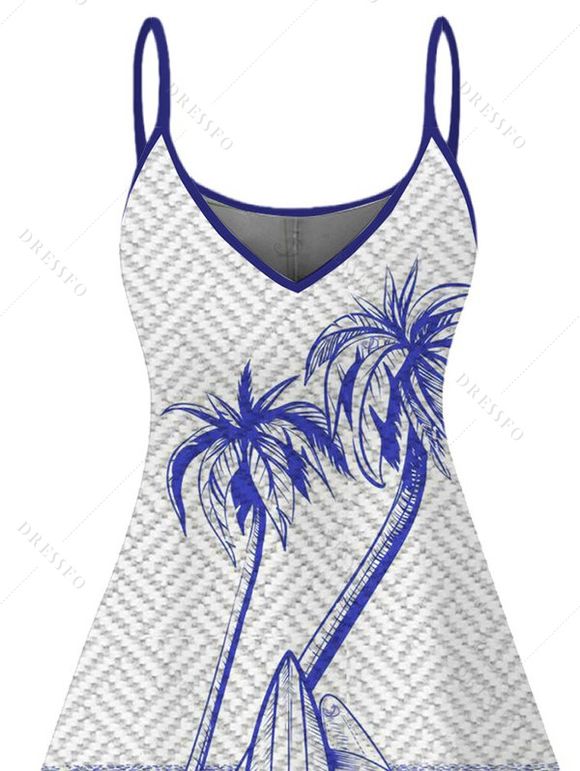 Robe de vacances à imprimé géométrique cocotier et planche de surf, bretelles spaghetti - Bleu Marine XXXXXL | US 20