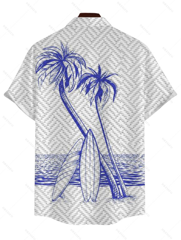 Chemise de vacances pour homme, imprimé géométrique de planche de surf et de cocotier, à boutons - Bleu Marine 5XL