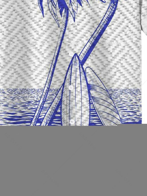 Chemise de vacances pour homme, imprimé géométrique de planche de surf et de cocotier, à boutons - Bleu Marine 5XL