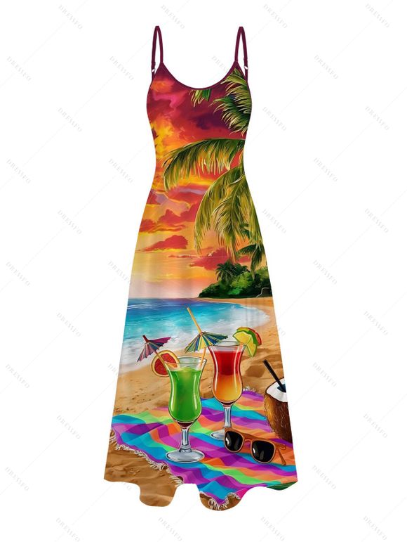 Robe de vacances longue à poches, imprimé paysage de plage, noix de coco et verre - multicolor XXXXXL | US 20
