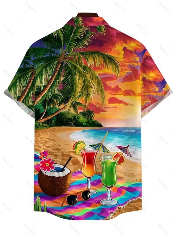 Chemise de vacances pour homme, imprimé paysage de plage, noix de coco et verre, à boutons - multicolor 5XL