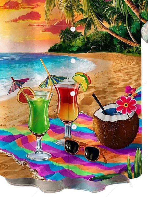 Chemise de vacances pour homme, imprimé paysage de plage, noix de coco et verre, à boutons - multicolor 5XL