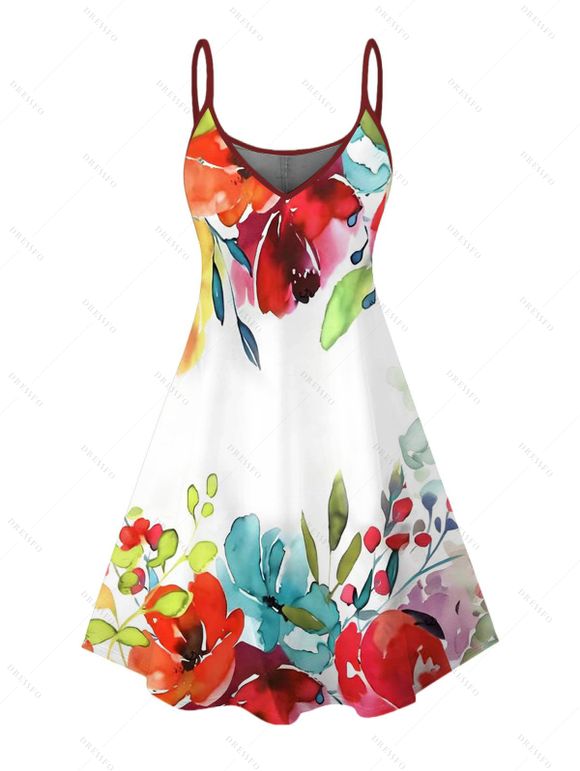 Vacation Couple Outfit Colored Flower Leaf Pattern Spaghetti Strap Dress and Shirt Set - Rouge S | US 4