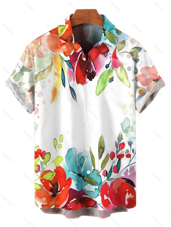 Vacation Couple Outfit Colored Flower Leaf Pattern Spaghetti Strap Dress and Shirt Set - Rouge S | US 4