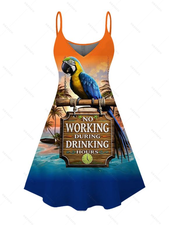 Vacation Couple Outfit Parrot Coconut Tree Letter Print Dress and Shirt Set - multicolor S | US 4