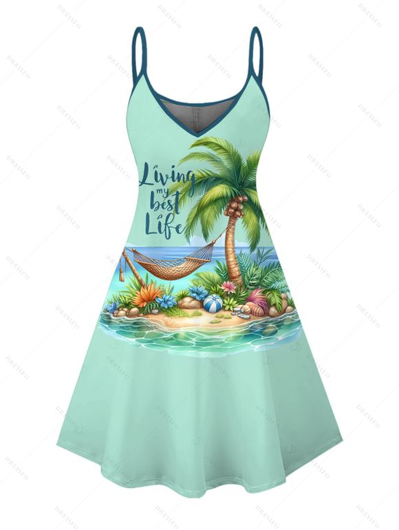 Vacation Couple Outfit Coconut Tree Landscape Letter Print Dress and Shirt Set - Vert clair S | US 4