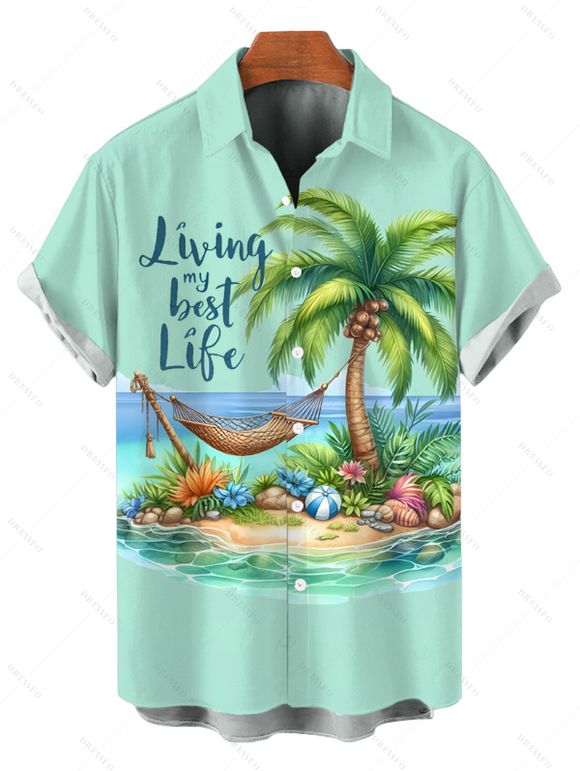 Vacation Couple Outfit Coconut Tree Landscape Letter Print Dress and Shirt Set - Vert clair S | US 4