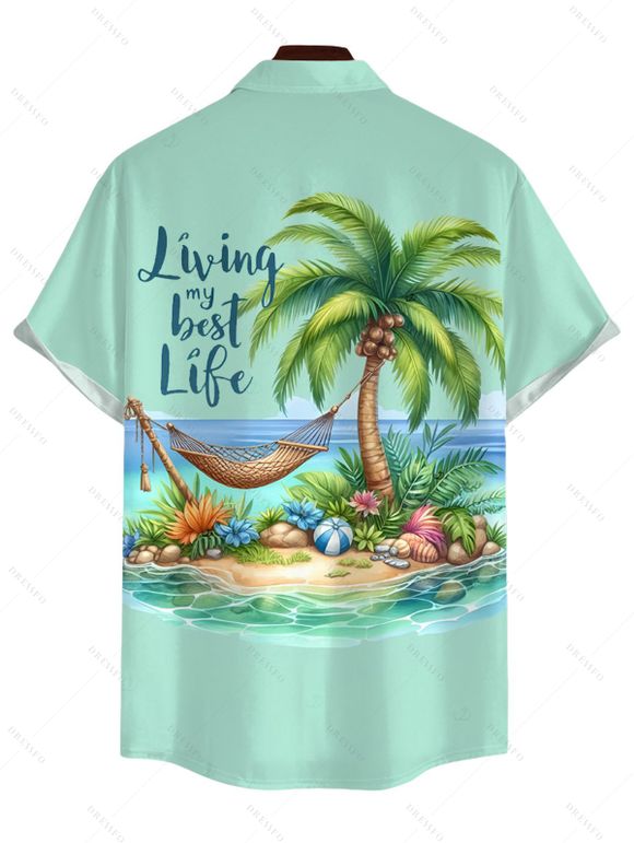 Vacation Couple Outfit Coconut Tree Landscape Letter Print Dress and Shirt Set - Vert clair S | US 4
