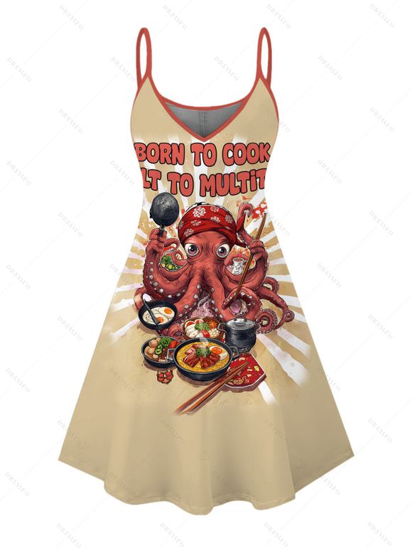 Vacation Couple Outfit Funny Octopus Chef Letter Print Dress and Shirt Set - café lumière S | US 4