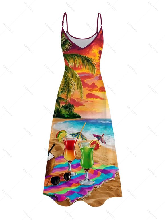 Vacation Couple Outfit Beach Landscape Coconut Print Pocket Long Dress and Shirt Set - multicolor S | US 4