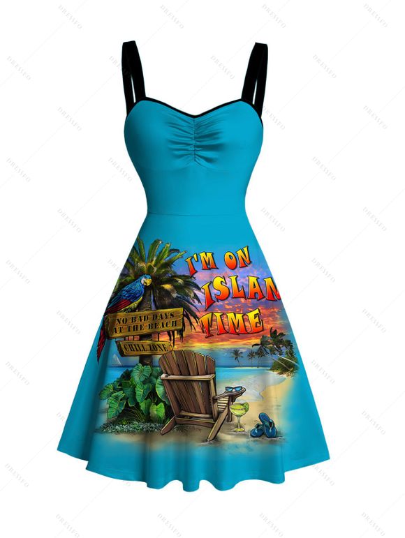 Vacation Couple Outfit Coconut Tree Leaf Beach Landscape Print Dress and Shirt Set - Pers S | US 4