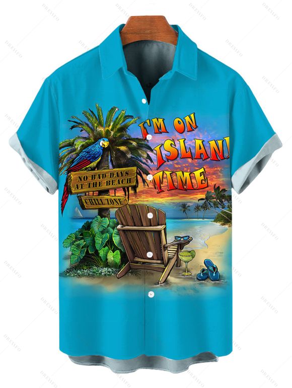 Vacation Couple Outfit Coconut Tree Leaf Beach Landscape Print Dress and Shirt Set - Pers S | US 4