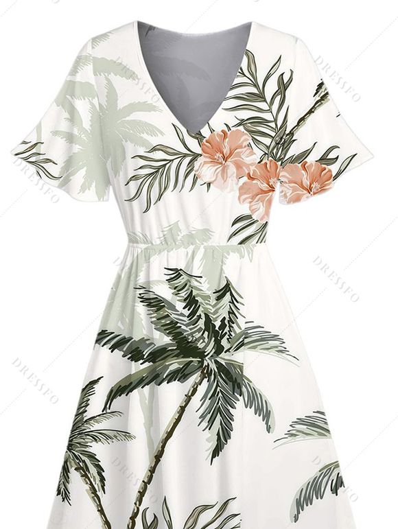 Robe de vacances imprimée de fleurs de cocotier, col en V et fente - Vert clair XXL | US 14