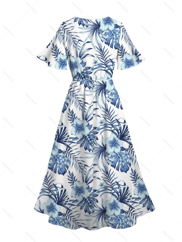 Robe de vacances imprimée de fleurs tropicales et de feuilles, col en V fendue - Bleu profond XXL | US 14