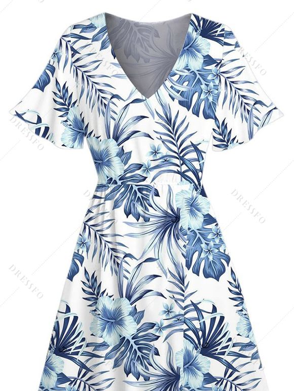 Robe de vacances imprimée de fleurs tropicales et de feuilles, col en V fendue - Bleu profond XXL | US 14