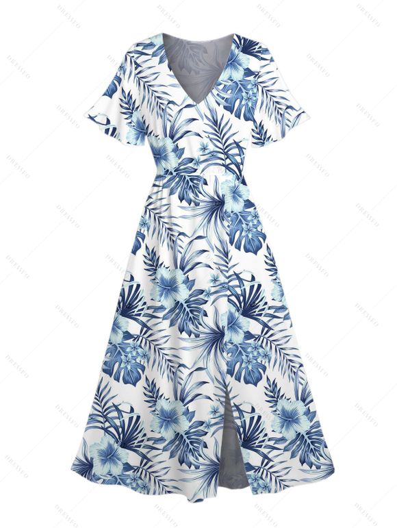 Vacation Couple Outfit Tropical Flower Leaf Print Slit Dress and Shirt Set - Bleu profond S | US 4