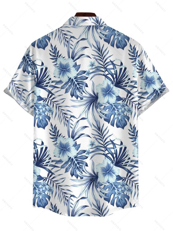 Vacation Couple Outfit Tropical Flower Leaf Print Slit Dress and Shirt Set - Bleu profond S | US 4