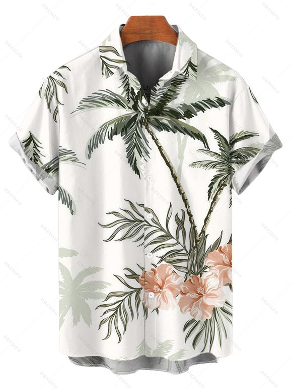 Vacation Couple Outfit Coconut Tree Floral Print Slit Dress and Shirt Set - Vert clair S | US 4