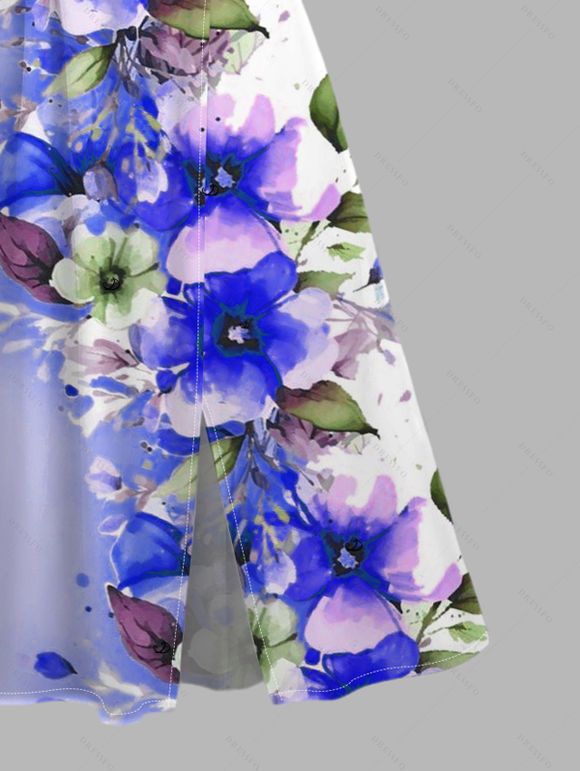 Robe de vacances à imprimé floral et feuilles colorblock, col en V et fente - Bleu Ciel XXL | US 14