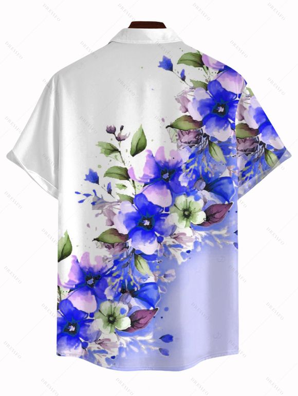 Chemise de vacances pour homme, imprimé floral et feuilles colorblock, à boutons - Bleu Ciel 5XL