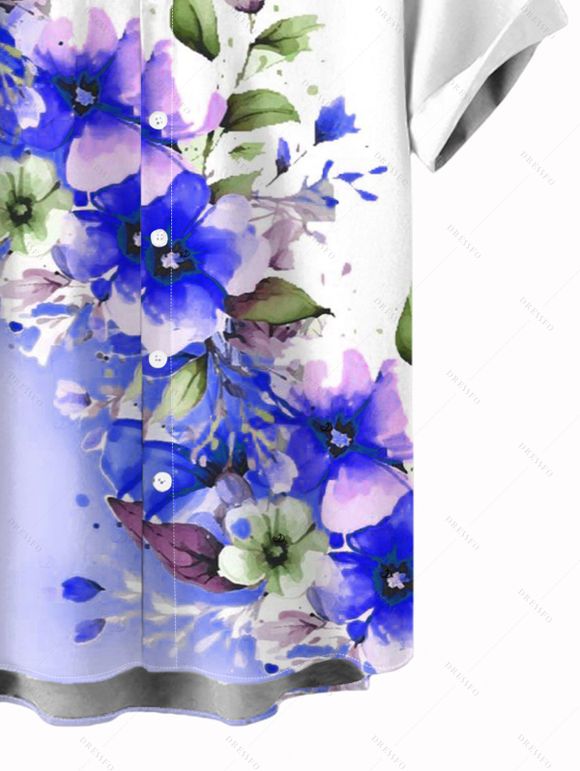 Chemise de vacances pour homme, imprimé floral et feuilles colorblock, à boutons - Bleu Ciel 5XL