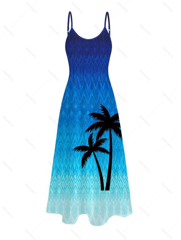 Vacation Couple Outfit Ombre Coconut Tree Zig Zag Print Pocket Long Dress and Shirt Set - Bleu S | US 4